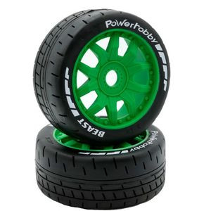 PHBPHT2401-SG Power Hobby - 1/8 GT Beast Belted Mounted Tires, Soft Compound, 17mm Green Wheels