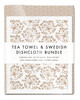 Leaves tea towel with two Dill Swedish dishcloths in sand by Jangneus