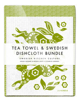 Leaves Tea Towel & 2 Hare Dishcloths Bundle – Green