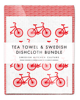 Leaves tea towel with two red bikes reusable Swedish dishcloths by Jangneus