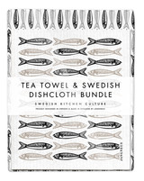 Black sardines tea towel with two matching reusable Swedish dishcloths by Jangneus