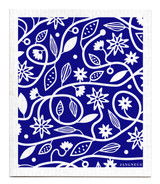 Blue doodle flower patterned reusable Swedish dishcloth made from natural cellulose and cotton by Jangneus