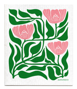 Green and pink flower patterned reusable Swedish dishcloth made from cellulose and cotton by Jangneus