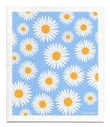 Blue and ochre daisy patterned reusable Swedish dishcloth made from cellulose and cotton by Jangneus