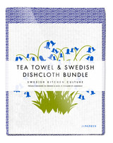 Leaves tea towel with two Bluebells Swedish dishcloths in blue by Jangneus