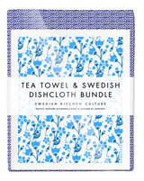 Leaves tea towel with two Buttercup Swedish dishcloths in blue by Jangneus