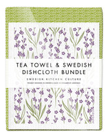 Leaves tea towel with two Lavender Swedish dishcloths in green by Jangneus