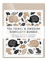 Leaves tea towel with two Hedgehog Swedish dishcloths in sand by Jangneus