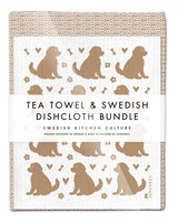 Leaves Tea Towel & 2 Doodle Dogs Dishcloths Bundle – Sand