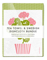 Green Tea Towel with two matching reusable Geranium Pink dishcloths by Jangneus