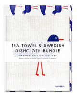 Blue bird tea towel with two matching reusable Swedish dishcloths by Jangneus
