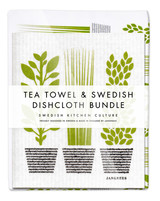 Green herbs tea towel with two matching reusable Swedish dishcloths by Jangneus