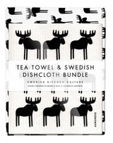 Black moose tea towel with two matching reusable Swedish dishcloths by Jangneus