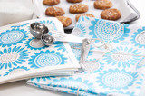 Turquoise sunflower patterned Scandinavian linen cotton kitchen towel by Jangneus