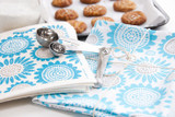 Turquoise sunflower tea towel with two matching reusable Swedish dishcloths by Jangneus
