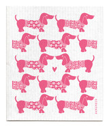 Pink dachshund patterned reusable Swedish dishcloth made from cellulose and cotton by Jangneus