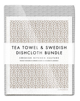Grey leaves tea towel with two matching reusable Swedish dishcloths by Jangneus