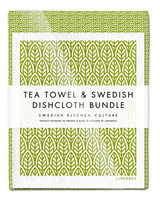 Green leaves tea towel with two matching reusable Swedish dishcloths by Jangneus