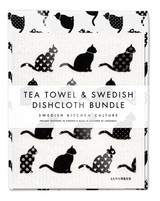Black cats tea towel with two matching reusable Swedish dishcloths by Jangneus