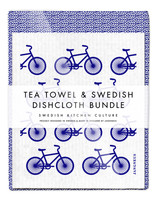 Leaves Tea Towel & 2 Bikes Dishcloths Bundle – Blue