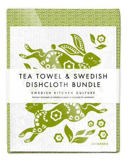 Leaves tea towel with two green hare reusable Swedish dishcloths by Jangneus