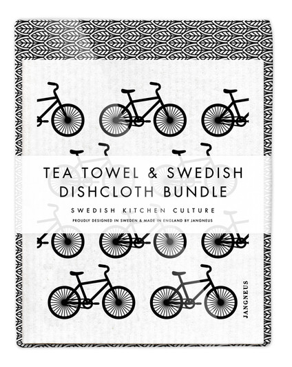 Leaves tea towel with two black bikes reusable Swedish dishcloths by Jangneus