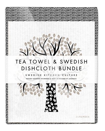 Leaves Tea Towel & 2 Tree Dishcloths Bundle – Black
