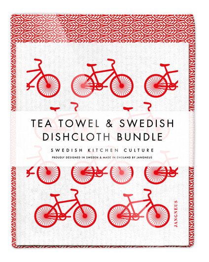 Leaves tea towel with two red bikes reusable Swedish dishcloths by Jangneus