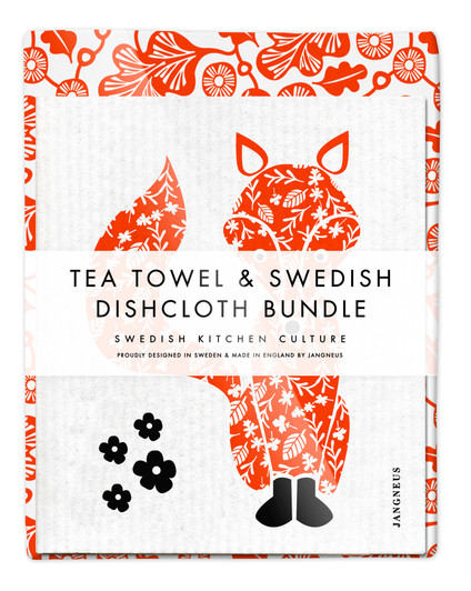 Oak leaf tea towel with two orange fox reusable Swedish dishcloths by Jangneus