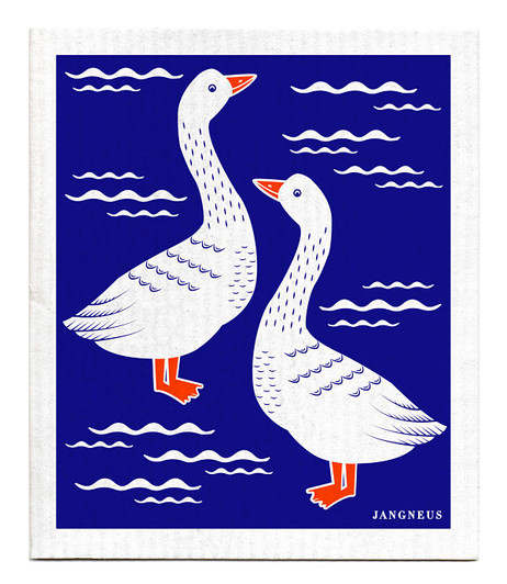 Blue geese patterned reusable Swedish dishcloth made from cellulose and cotton by Jangneus