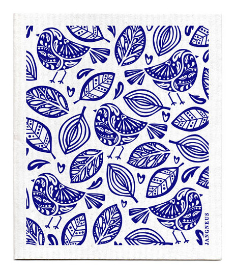 Blue robins patterned reusable Swedish dishcloth made from cellulose and cotton by Jangneus