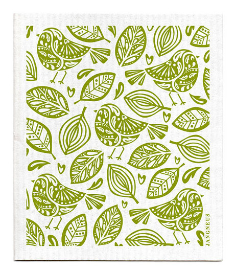 Green robins patterned reusable Swedish dishcloth made from cellulose and cotton by Jangneus