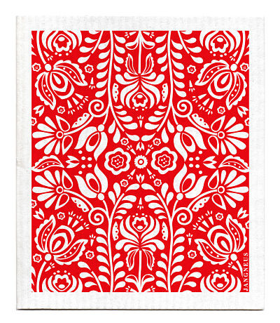 Red Scandi Bloom patterned reusable Swedish dishcloth made from cellulose and cotton by Jangneus
