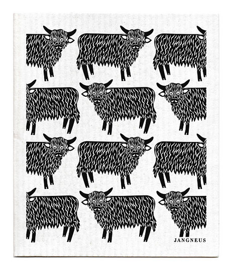 Black Highland Cow patterned reusable Swedish dishcloth made from cellulose and cotton by Jangneus