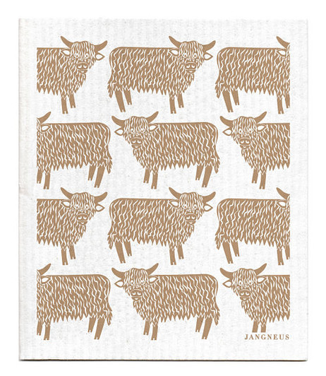 Sand Highland Cow patterned reusable Swedish dishcloth made from cellulose and cotton by Jangneus