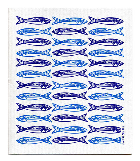 Blue sardines patterned reusable Swedish dishcloth made from cellulose and cotton by Jangneus