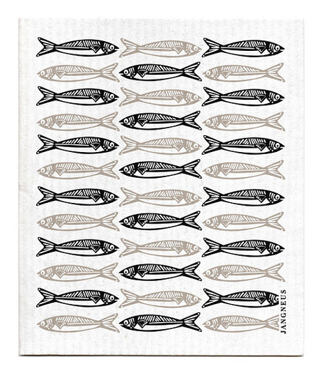 Black sardines patterned reusable Swedish dishcloth made from cellulose and cotton by Jangneus