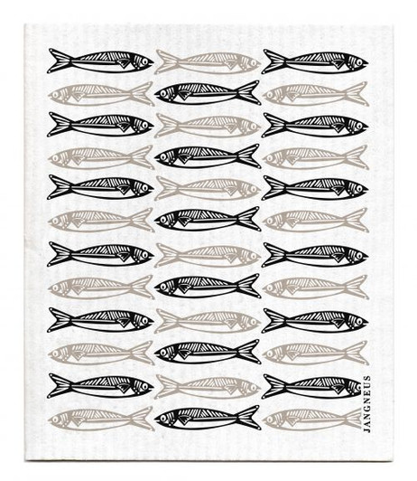 Swedish dishcloth 100% biodegradable 7 by 8 inches, Sardines Black by Jangneus.