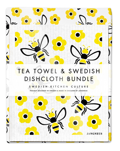 Yellow bees tea towel with two matching reusable Swedish dishcloths by Jangneus