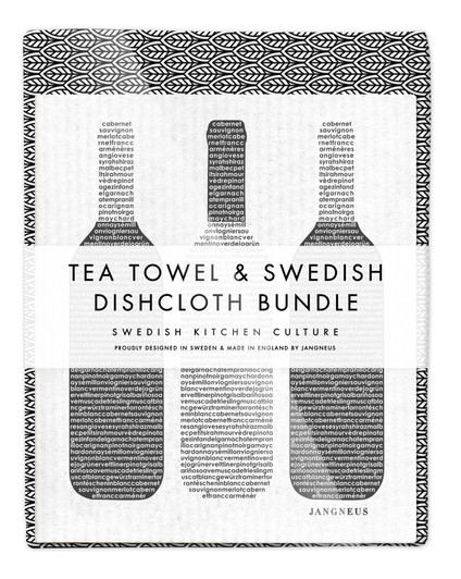 Leaves tea towel with two black wine reusable Swedish dishcloths by Jangneus