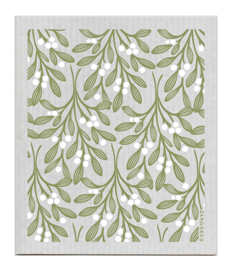 Green mistletoe patterned reusable Swedish dishcloth made from cellulose and cotton by Jangneus