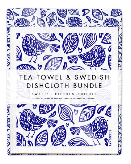 Blue robins tea towel with two matching reusable Swedish dishcloths by Jangneus