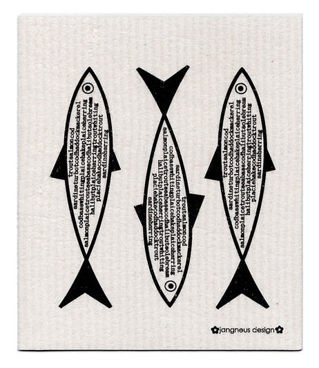 Black fish patterned reusable Swedish dishcloth made from 70% cellulose and 30% cotton by Jangneus
