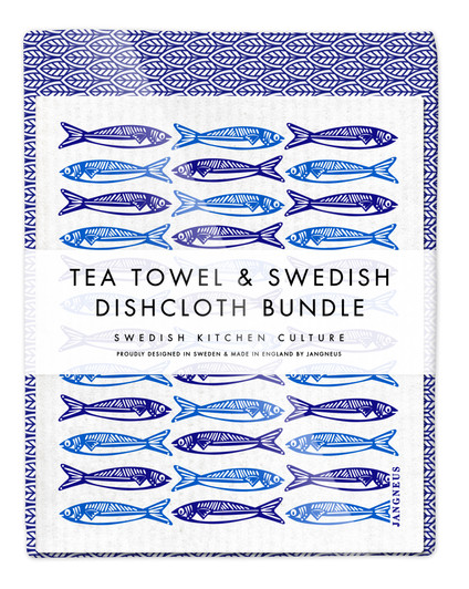 Leaves tea towel with two blue sardines reusable Swedish dishcloths by Jangneus