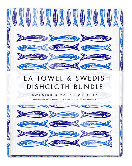 Kitchen Set — Leaves & Sardines Blue | 1 Tea Towel + 2 Dishcloths