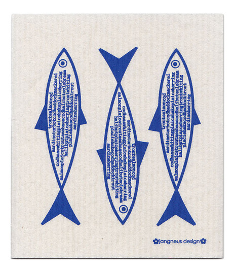 Blue fish patterned reusable Swedish dishcloth made from 70% cellulose and 30% cotton by Jangneus