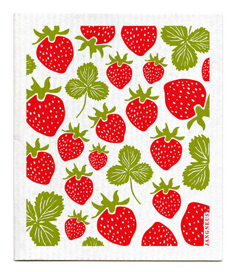 Red strawberries patterned reusable Swedish dishcloth made from cellulose and cotton by Jangneus