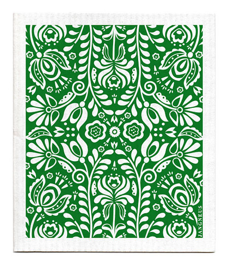 Dark green Scandi Bloom patterned reusable Swedish dishcloth made from cellulose and cotton by Jangneus