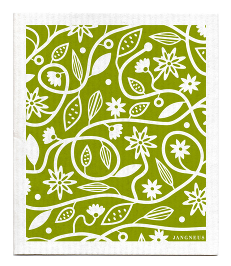 Green doodle flower patterned reusable Swedish dishcloth made from cellulose and cotton by Jangneus