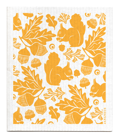 Ochre squirrel patterned reusable Swedish dishcloth made from cellulose and cotton by Jangneus